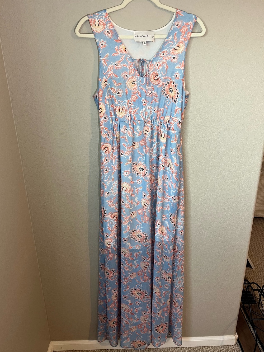 Charles Henry Floral Maxi Dress Small Blue Coral Sleeveless Tie Neck